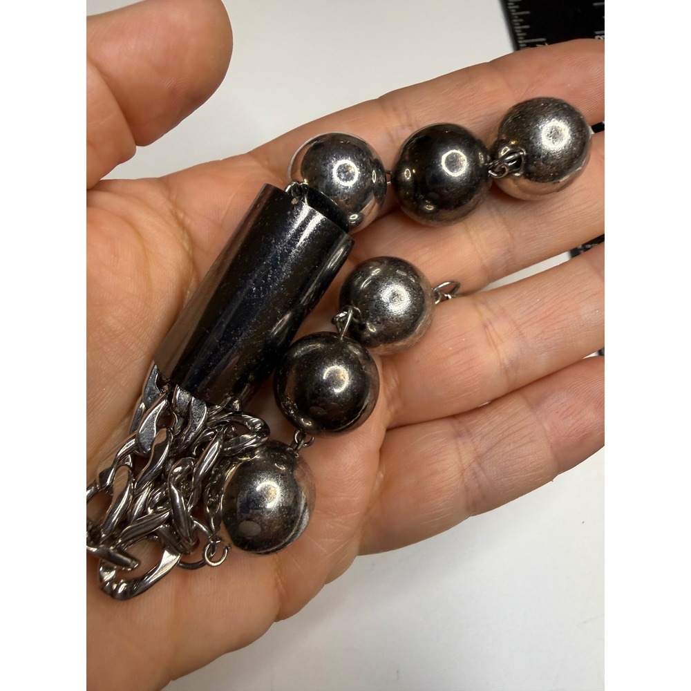 Silver Tone Chunky Ball Chain Cylinder Pendant Statement Necklace Edgy Modern